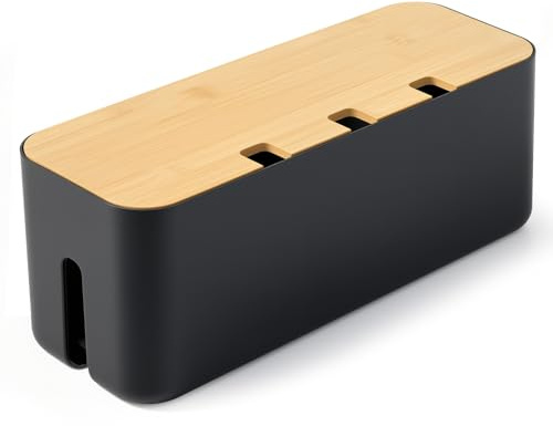 Nymblis Cable Tidy Box, Cable Management Box for Wire Storage, Large Cable Organiser Box with Bamboo Lid, for Hiding Extension Power Strips and Cords from TV, Computers (Black)