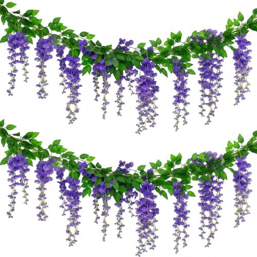 Charismau Flower Garland Decoration, 4x7Ft/ 2.1M Artificial Wisteria Vine Garland Plants, Wisteria Artificial Flowers for Wedding, Party, Garden, Home, Bedroom Decoration(Lilac)