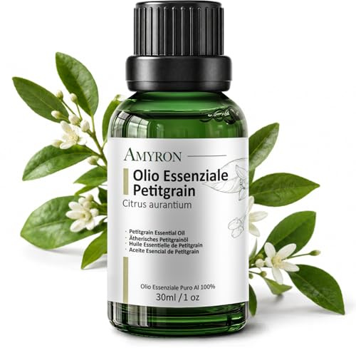 Olio Essenziale Petitgrain 30 ml AMYRON | Citrus Aurantium | Naturale E Puro Al 100% | Profumo Floreale Dolce ai Fiori d’Arancia | Ideale Per Aromaterapia | Diffusore | Massaggi Aromatici