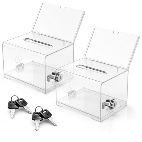 Lot de 2 boîtes de donation en acrylique transparent avec clé, boîte à fonds verrouillable, boîte à monnaie recommandée pour les votes, les jeux gagnants, les concours, la collecte de cartes de visite