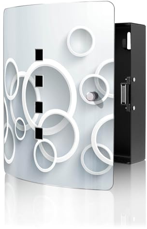 banjado Design Schlüsselkasten aus Edelstahl für 10 Schlüssel - Schlüsselschrank zur Schlüssel Aufbewahrung 24 x 21,5 x 7cm groß mit praktischem Magnetverschluss - Motiv Weiße Ringe