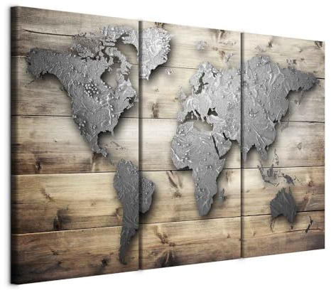B&D XXL - Wandbilder XXL Weltkarte 120x80 cm Vlies Leinwandbild 3 Teilig Kunstdruck modern Wandbilder XXL Wanddekoration Design Wand Bild - Holz Textur Kontinent k-C-0011-b-e