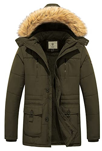 WenVen Men's Winter Outdoor Puffer Jacket Thickened Long Sleeve Coats Warm Fleece Lining Coat Hooded Windproof Parka Jacket Army Green L