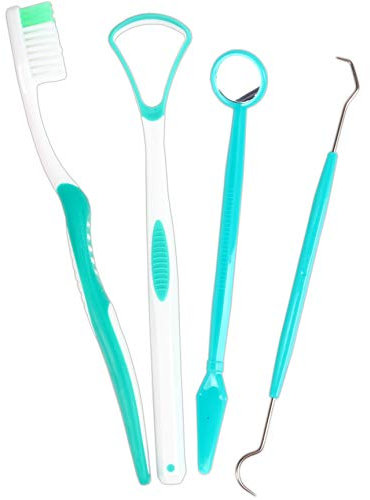4Pc Dental Care Kit with Soft Bristle Toothbrush, Tongue Scraper, Mirror & Dentists Tooth Pick for Superior Interdental Cleaning