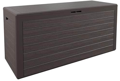 Casaria® Gartenbox 280L UV-beständig Griffmulden Verschlussvorrichtung Balkon Terrasse Wohnzimmer Wintergarten Box Kissenbox 116x43cm Holz-Optik Braun