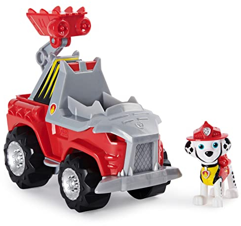 PAW PATROL Dino Rescue Marshalls Basis Fahrzeug mit Rückzieh-Mechanismus, inklusive Hundefigur und Überraschungs-Dino, Spielzeug für Kinder ab 3 Jahren