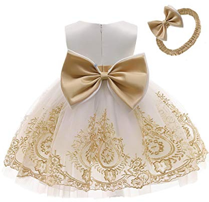 Flower Girl Dress Up 18M 18-24 Months Sleeveless Baby Girls Easter Baptism Princess Flower Girls Dress Lace Tutu Dresses for Baby Girls Party Dressy Fancy Embroidery Headband (WhiteGold, 100)