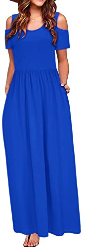 STYLEWORD Maxi Vestido de Verano con Hombros Descubiertos para Mujer Manga Corta Estampado Floral Elegante Vestido Maxi con Bolsillos(Azul real-456,XL)