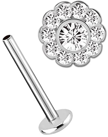 Ohr Piercing Labret Stecker mit Innengewinde und Kristallblume