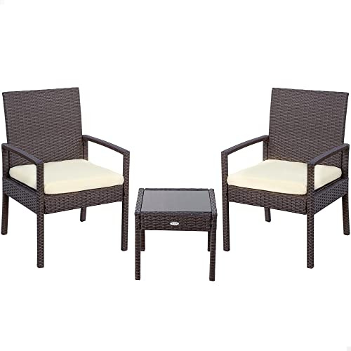 AKTIVE 61068 - Set muebles para jardín y terraza ratán, Muebles terraza exterior, incluye 2 sillones jardín exterior con cojín acolchado y 1 mesa terraza exterior, Conjunto jardín exterior, Oscuro