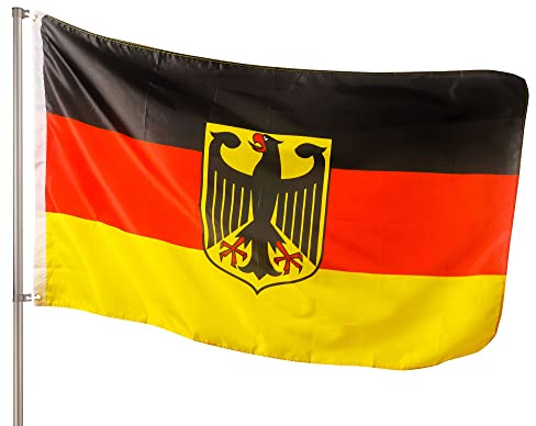 PHENO FLAGS Bandera Premium Alemania con águila 90x150 cm – extremadamente resistente a la intemperie - ojales metálicos y tecnología especial de sellado – doble dobladillo - colores brillantes
