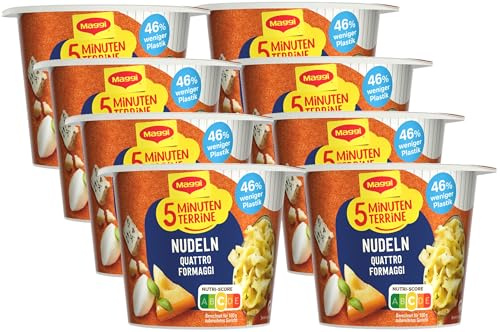 MAGGI 5 Minuten Terrine Nudeln Quattro Formaggi, 8er Pack (8 x 58g) | Leckeres Fertiggericht mit Instant Nudeln, Pasta-Snack in aromatischer Käse-Sauce