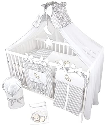 Bello24 - 14 Teiliges Kinderbettwäsche Babybettwäsche Komplettset ohne Bett Bestickt (Teddybär Mond) (100x135 cm)