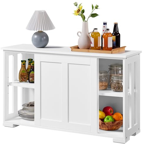 Yaheetech Buffet de Salle à Manger avec 2 Portes Coulissantes Commode Basse de Cuisine en Bois Étagère Réglable en Hauteur Cuisine Salon Salle à Manger Blanc Pur