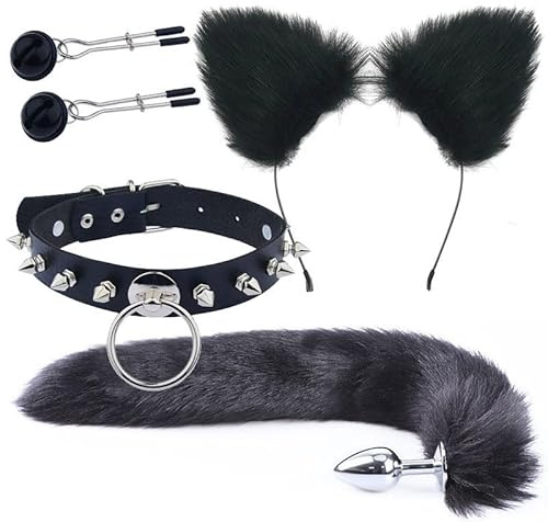 BeHorny Ensemble de bondage, collier pour chat, oreilles, queue avec plug anal, pinces à tétons