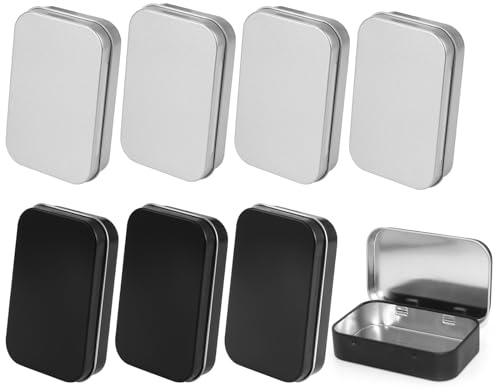 8 stycken rostfria plåtburkar, vitplåt rostfria metallburkar med lock, matt svart borstat silver liten metallburk, hem tin box för förvaring av kort, nycklar till små delar