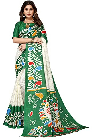 BishtHub Fashion Bedruckter Party-Sari für Damen mit Kunstseide und ungenähtem Blusenteil