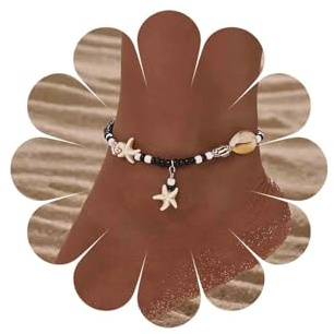 Inateannal Tobillera bohemia de estrella de mar pulsera con cuentas de concha tobillera de pie cadena de pies de concha de mar cadena de cuentas negras cadena de pie tobillera de playa de verano