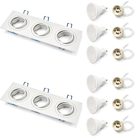 KOLORENO Einbaustrahler Oh Almi X3 - LED Einbauleuchte 27x14x4,5 cm + GU10 Fassung 3 x 3 x 3 cm + GU10 5W 4500K Glühbirne - 20 x 6 x 11 cm - Beweglich - Rechteck - Weiß