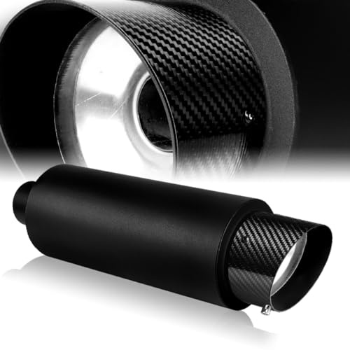 Universal 4 Outlet JDM Fire Ball Slant Tip Style Muffler Hi Flow Stainless Steel Weld-On 3 Inlet, Muffler, Removable Silencer Pre-attached, Deep and Smooth Tone (Black with Carbon Tip)