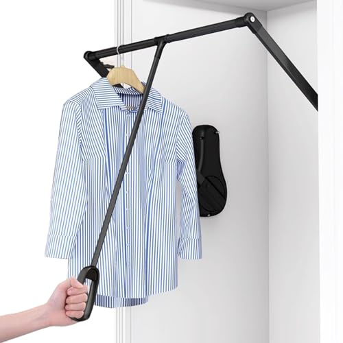 Pull Down Closet Rod for Hanging Clothes, Wardrobe Lift Rail Aluminum Alloy Organizer, Side Mounted Closet Rod for Kitchen Bedroom High Cabinets, 66 lbs Load Capacity (Black, 33.4-45.3)
