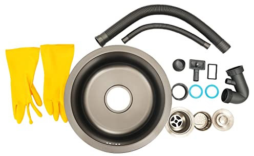 WOLEGM Spülbecken, 36cm Ø Edelstahl Rund Küchenspüle mit Korb-Sieb, U-förmiges Anti-Geruchs-Design Abwassersystem Einbauspüle, Grau