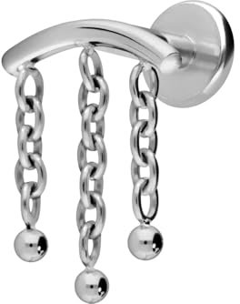 PIERCINGLINE Titan Labret mit Gewinde BOGEN + 3 KETTEN Piercing Ohr Hidden Helix Silberfarben 1,2 x 8 mm