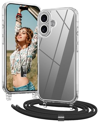 OLEPHY Handykette für iPhone 16 Hülle mit Band, Schwarz | Necklace Handyhülle, Transparente Schutzhülle zum Umhängen [Verstellbarem und Demontage Umhängeband],