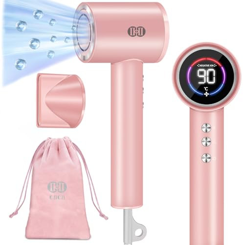 CIICII Seche Cheveux Ionique Négatif, 120,000RPM Sèche-Cheveux Grande Vitesse (1600W/3 Velocità/5-Temp/Écran HD/Borsa Portatile) Seche-Cheveux à Séchage Rapide pour la Maison, Voyages & Salons (Rose)