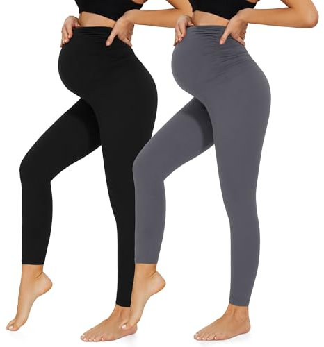 HIPOWER 2er Pack Umstandsleggings Damen High Waist Umstandsmode Weich Schwangerschaftsleggings Blickdicht Sport Umstandshose Elastisch Maternity(Schwarz+Dunkelgrau,XL)