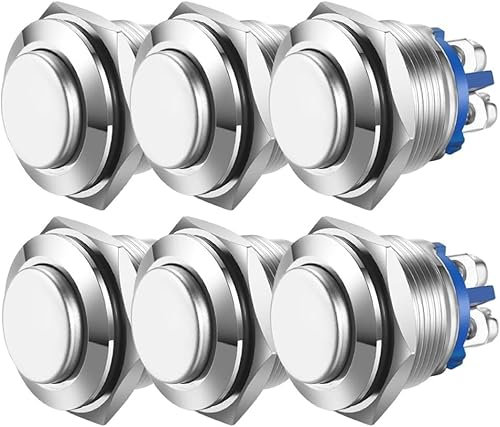 Hervorstehend Druckschalter 6 Stück 16mm Momentan-Drucktaster 3A/250 VAC 5A/12V DC Wasserdichter Power-Drucktaster Klein Rund Chrom Edelstahl Metall 2-polig Schließer (Hoher Kopf)