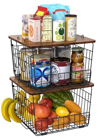 Delamu Paquete de 2 cestas de alambre apilables con parte superior de madera, organizador y almacenamiento de despensa, cesta de patatas, almacenamiento de cebolla para encimera de cocina, organizador