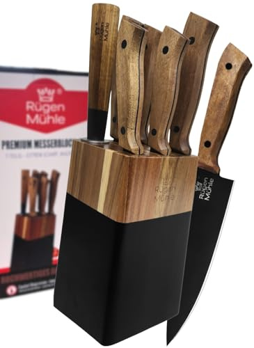 DER ORIGINAL - RÜGEN MÜHLE Premium Design Messerblock, 7-teilig, Akazien Echtholz, Edelstahl, Rostfrei, Messerset, Messerblock mit Messer, Knife Set, Küchenmesser Set, Messer Set, Messerset mit Block