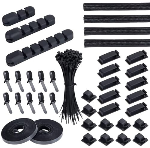 Kit di Organizzatore di Cavi 139 Pcs con 4 Raccogliere Cavi, 3 Organizer a Clip per Cavo, 10+2 Fascette Riutilizzabili, 20 Autoadesivo Clip Cavo e 100 Fascette Stringicavi