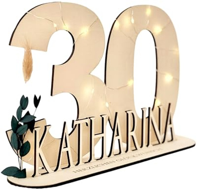 Manufaktur Liebevoll 30 Geburtstag Geschenk Frauen & Männer Geldgeschenke Geburtstag 30 mit LED Lichterkette I Gästebuch Holz 30 Geburtstag Deko I Personalisiertes Geburtstagsgeschenk mit Namen (30)