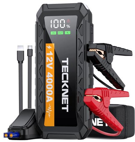 TECKNET 4000A Starthilfe 12V (10L Benzin/8L Diesel), USB+LED | Inklusive stabiler Polklemmen, 2 USB-Ports laden zusätzliche Geräte, LED-Hilfslicht bei Dunkelheit