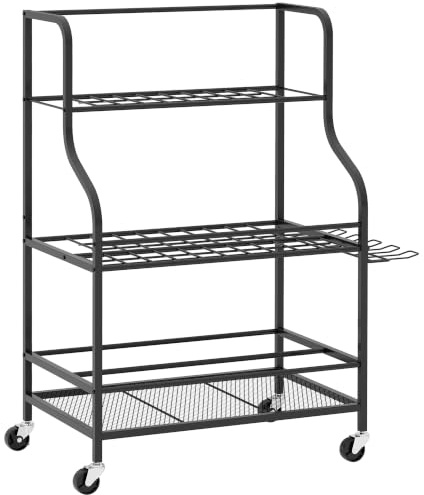 Outsunny Gartenwerkzeug-Organizer 3-stufig mit Haken 77x40x97cm Schwarz | Gartengeräte Ständer, Gartenwerkzeugständer, bis 40 kg belast, Gerätehalter, Mehrzweck Besenhalter, für Garage, Schuppen