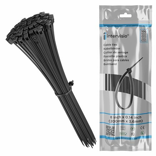 intervisio Collier de Serrage 200 mm x 3,6 mm, Attache Câble, Serre Câbles Rilsan Nylon, Colliers Serre-Cable 200mm, Noir, Lot de 100 Pièces