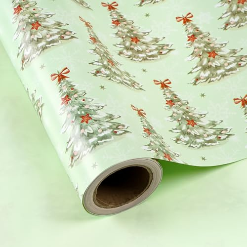 RUSPEPA Wende-Weihnachtsgeschenkpapier – Mini-Rolle – 43,2 cm x 10 m – Hellgrünes Weihnachtsbaum-Geschenkpapier für Weihnachten, Partys und andere Feiern