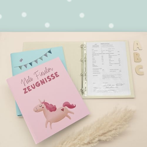 Zeugnismappe A4 personalisiert, Ringordner mit Namen, Leinen-Ordner für Schulzeugnisse, Geschenk Einschulung Mädchen & Jungen, Schulordner Tiermotive (Einhorn, Rosa, 31×27×4,5)