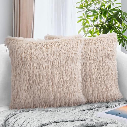 ACUSHLA Juego de 2 fundas de cojín esponjosas de 45 x 45 pulgadas, de pelo sintético de lujo, fundas de cojín decorativas modernas y peludas para decoración del hogar, sofá, sala de estar, cama y