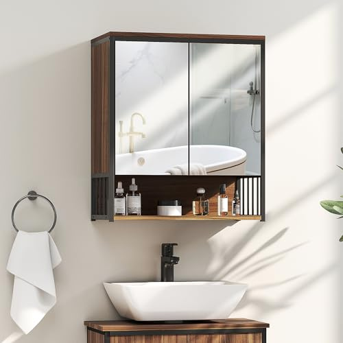 HOMCOM Armoire Murale Salle de Bain avec Miroir, 56 x 65 cm, Meuble Salle de Bain, Armoire de Toilette avec Compartiment Ouvert, Porte à Fermeture amortie, Marron