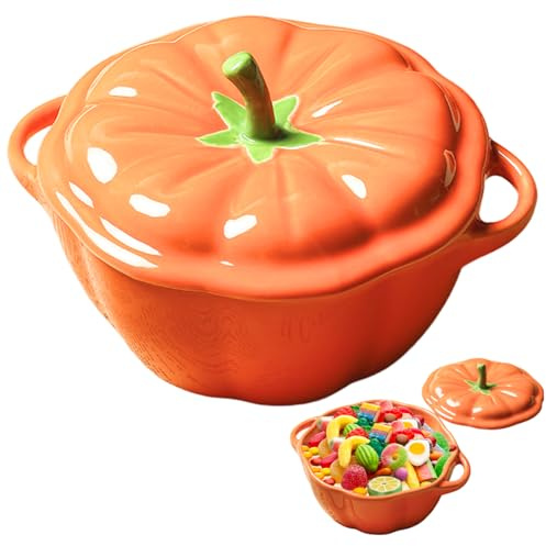 Hbbgdiy Pumpkin Soup Bowls 14oz Ceramic Pumpkin Bowls with Lid and Double Handles Festive Serving Bowl for Halloween Thanksgiving Party Autumn Dinner Table