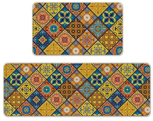 Livcoz Boho Moroccan Tile Traditional Kitchen Rugs Set of 2