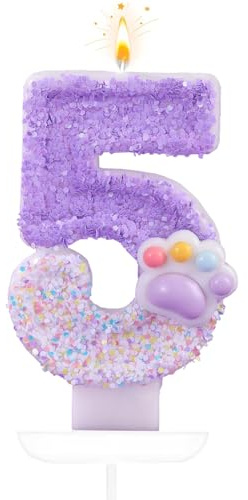 Tourima Kerze 5 Geburtstag Mädchen Junge, Glitzer Zahlenkerze Lila Katzenpfote, Geburtstagskerze 5 Torte, Kuchenkerzen Geburtstag Kinder, Zahlen Kerzen, Torten Kerze, Geburstagsdeko 5 Jahre