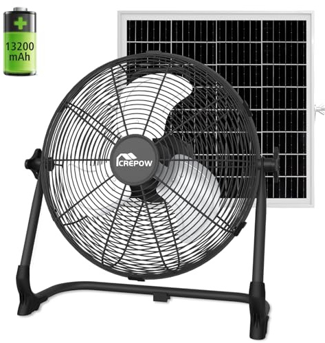 CREPOW Ventilatore portatile a batteria da 30,5 cm, alimentato a energia solare, ventilatore da pavimento ricaricabile per esterni con uscita USB, durata 4,5-27 ore, silenzioso, wireless, per