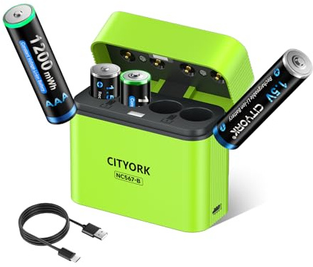 CITYORK 4 piles au lithium AAA rechargeables avec chargeur, batterie au lithium AAA 1,5 V haute capacité (1200 mWh) et boîtier de charge intégré