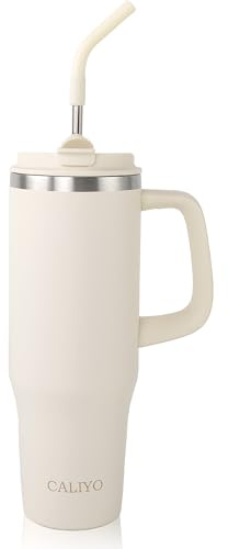 CALIYO Termosflaska rostfritt stål 304, termosmugg 1,2 L, BPA-fri, lämplig för kolsyra, rymmer drycker 12–48 timmar. Varmt, läckagesäker skruvlock, diskmaskinssäker, grå-vit