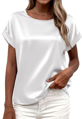 BTFBM Womens Summer Tops Satin Blouses Dressy Casual Loose Crewneck Short Sleeve Shirts 2026 Work Business Outfits(White, X-Large)