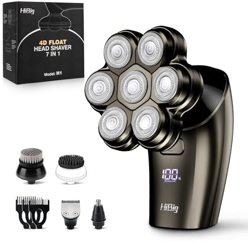Rasoio Testa Calva Uomo - HiBig 5 IN 1Rasoio a testine Rotanti Versione Aggiornata 7D Rasoio Elettrico Barba per uomo con Testa curva magnetica rimovibile, IPX7 Impermeabile Cordless, Grigio